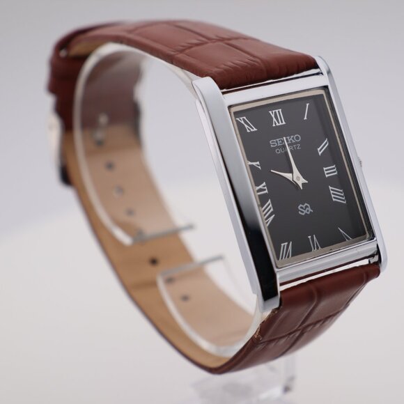 Seiko Slim Vintage Quartz Men's Wrist Watch Black Dial with new Camel Strap - Picture 3 of 6